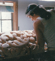 Carving the ASU pipe shades, Arizona State University, Tempe AZ, wood carver Jude Fritts